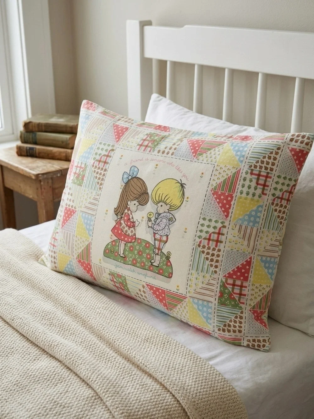 Vintage Style Children's Pillowcase with Pastel Patchwork and Illustration